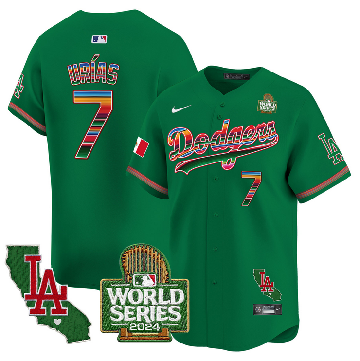 Men MLB Mexico Los Angeles Dodgers #7 Urias green 2024 World Series Champions Patch Jersey 2024110